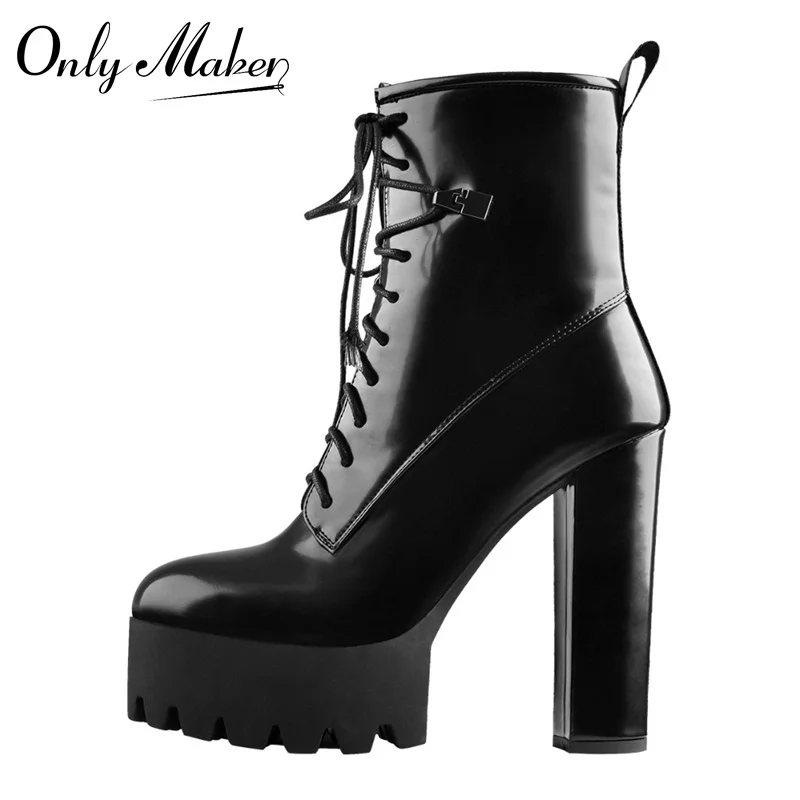 

Onlymaker Women Round Toe Platform Lace Up Ankle Boots Motorcycle Patent Leather Chunky High Heel Booties