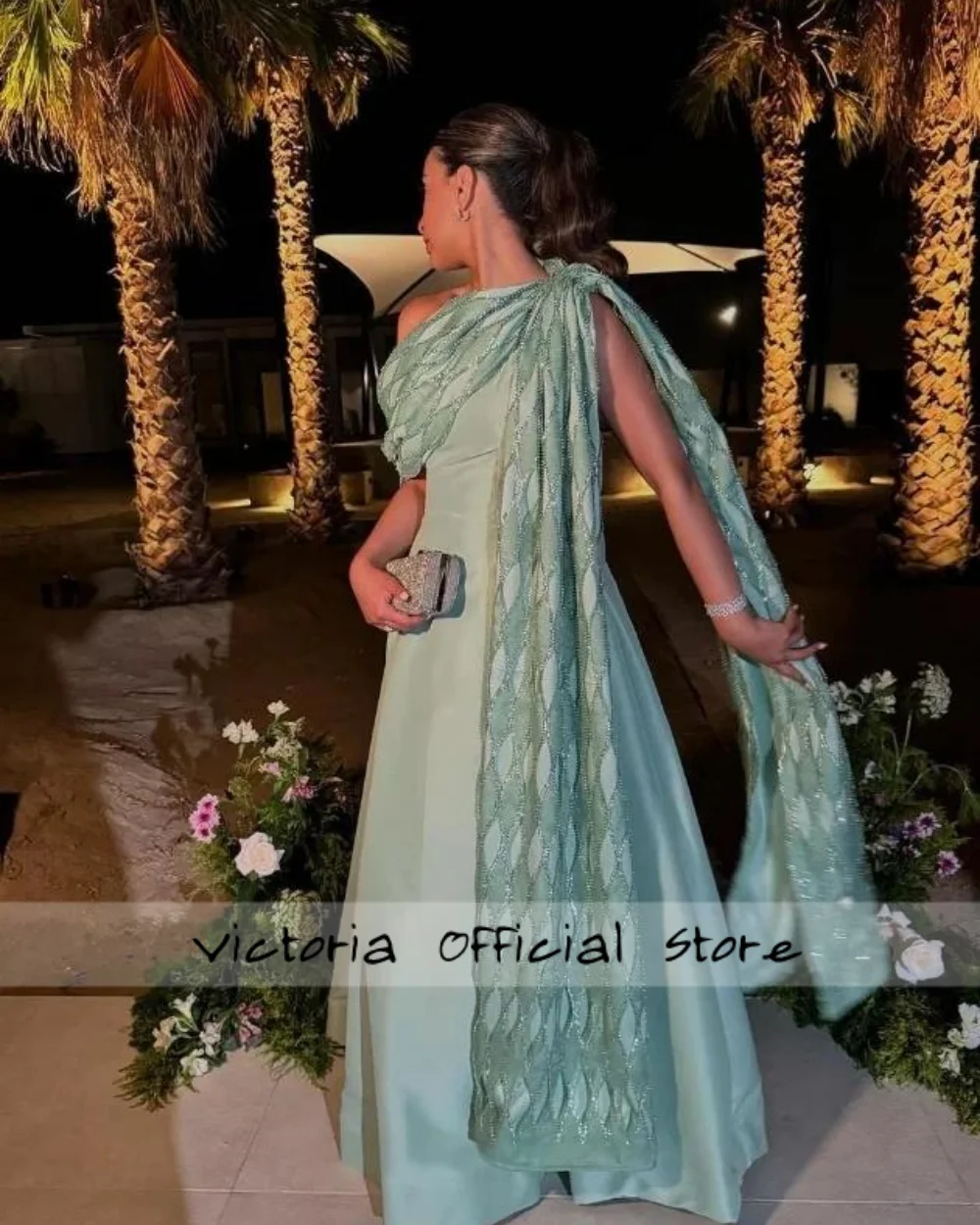 Vestidos de fiesta con peplum y capa de un hombro, color verde salvia, sin mangas, drapeados hasta el suelo, personalizados, 2025