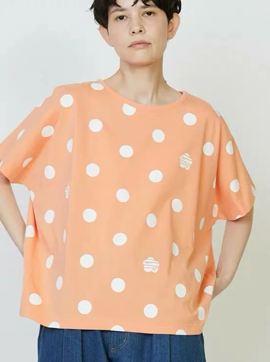 

Candy Colored Polka Dot T-Shirt Vintage Loose Fit Casual Short Sleeve Women's round Neck Moisture Wicking Summer Top