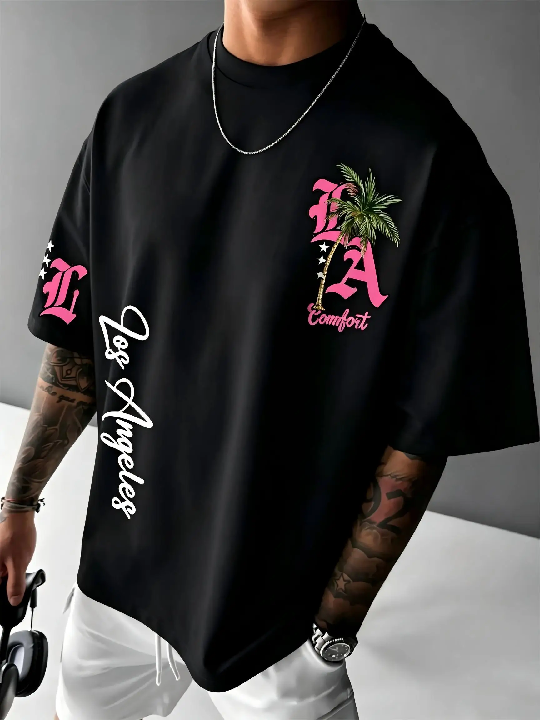American style new men's Los Angeles letter printed micro elastic breathable round neck T-shirt outdoor urban casual top