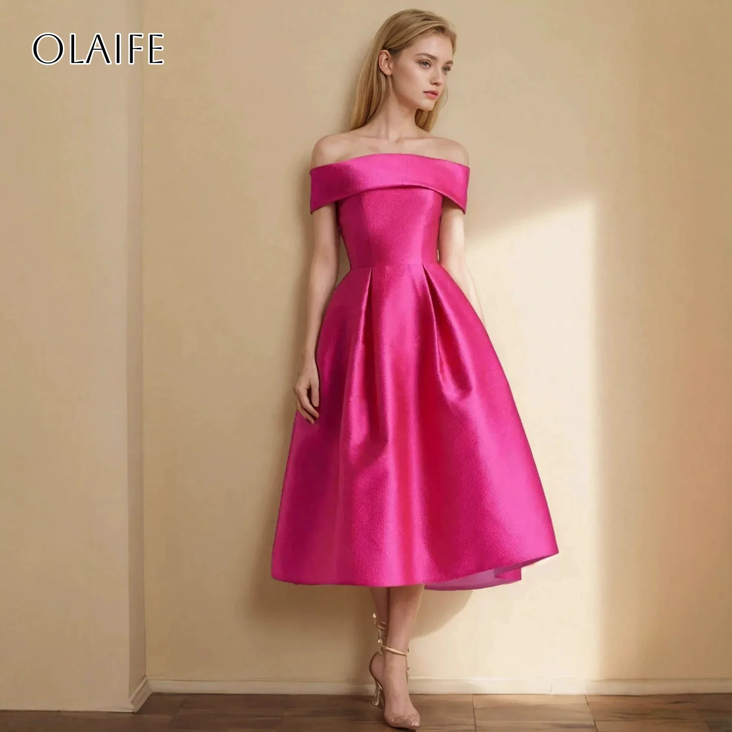 

Off Shoulder Satin A-line Pleated Homecoming Dress Tea Length Customized شارون سعيد فساتين سهره