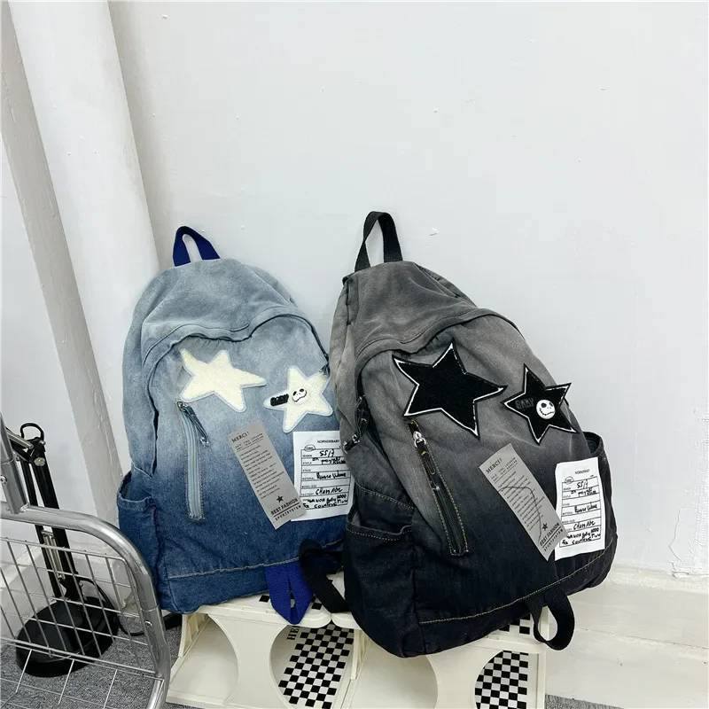 Star Lazy Backpack Soft Denim Casual Student Book Bag Trend Kids Backpack for Boy Mother Kids Bags for Girl School Bags Mochilas