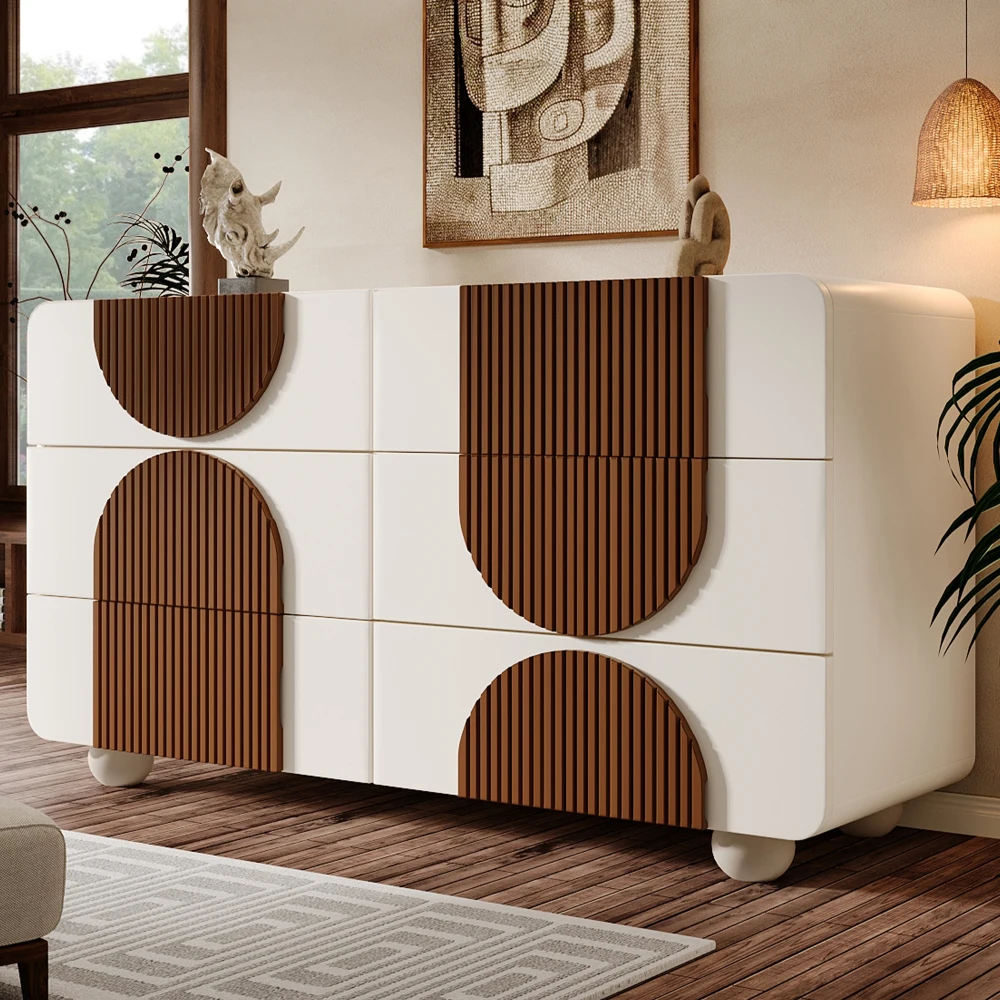 Cassettiera con 6 cassetti e credenza elegante dal design curvo in strisce bianche Cassetti scorrevoli silenziosi e protezione inclinabile