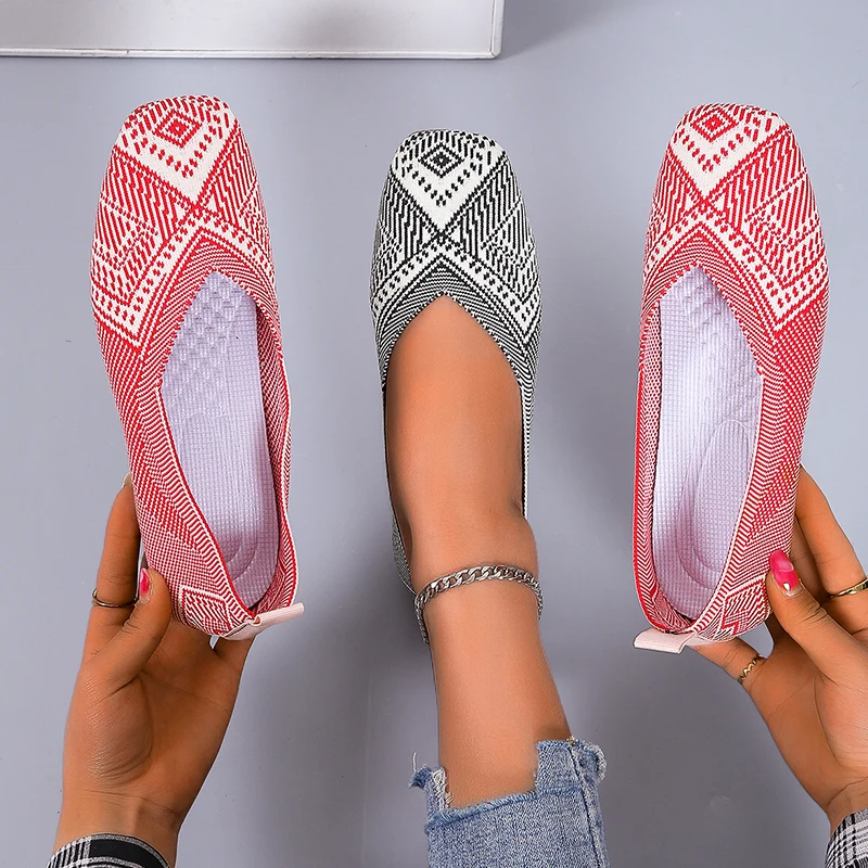 Breathable Knitting Women Sneakers 2022 Summer Slip-on Striped Soft Bottom Square Toe Flats Woman Outdoor Non-slip Casual Shoes