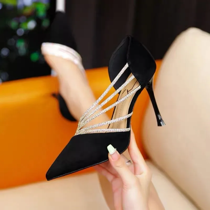 Trendy high heels women's shoes 2024 new niche temperament socialite pointed rhinestones fashionable women's single shoes