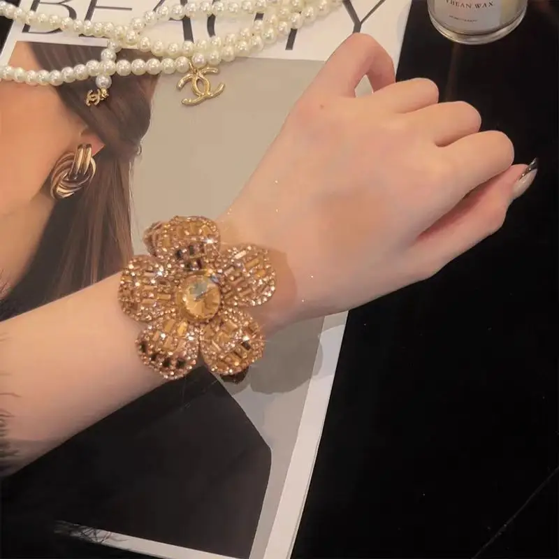 High-End Light Luxury Sparkling Diamond Flower Hair Tie for Women, Ponytail Holder, High Elasticity, Durable Rubber Band, Gold H