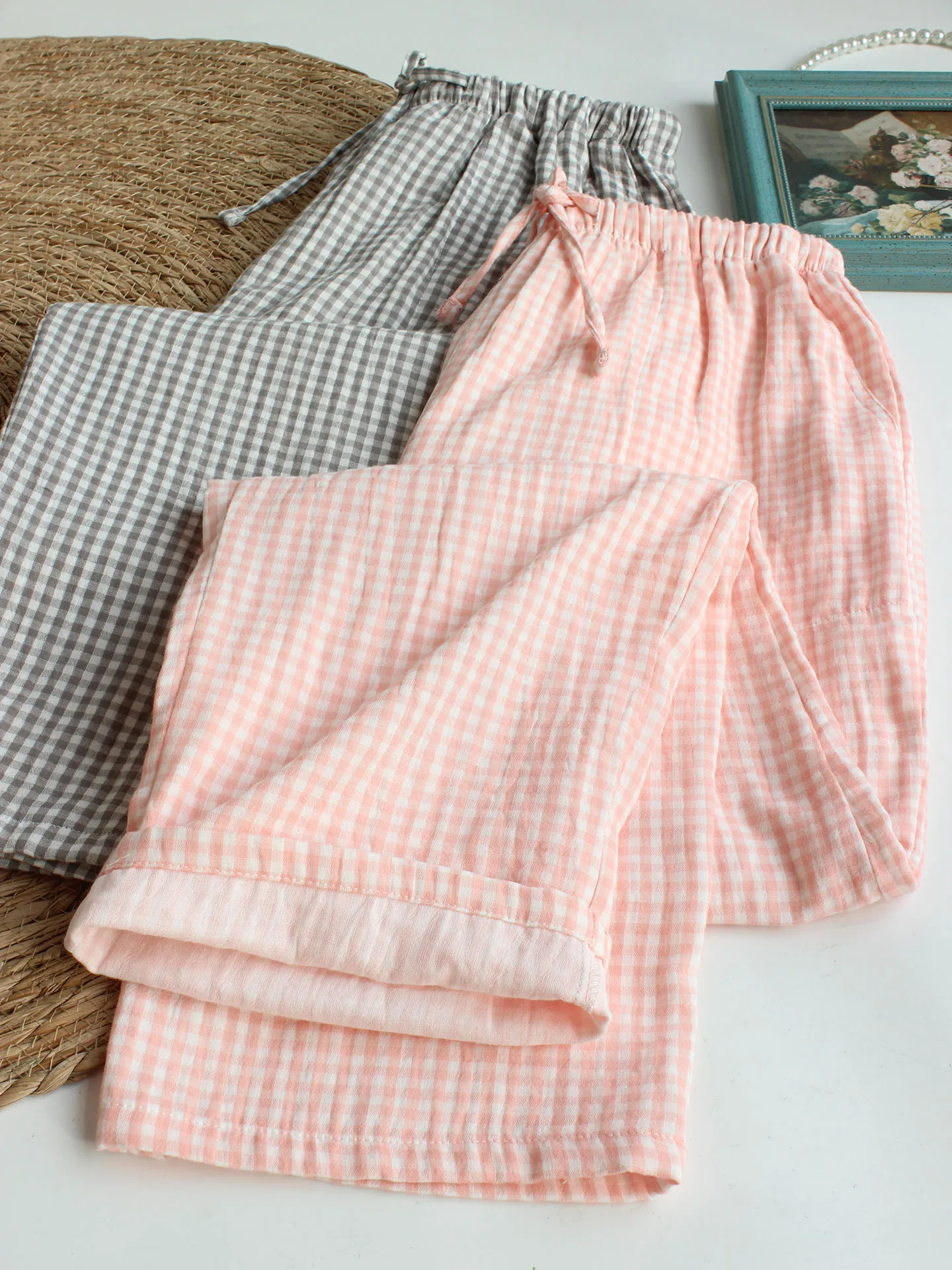Color Woven Pure Cotton Ladies Sleepwear Double Layer Gauze College Style Four Season Home Pants Can Be Worn outside Casual L...