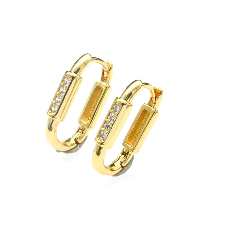 Women Desiger Earrings Nickel Free Anti Fading Gold Plated Copper CZ Setting Long Oval Huggie Clip On Hoop Earrring