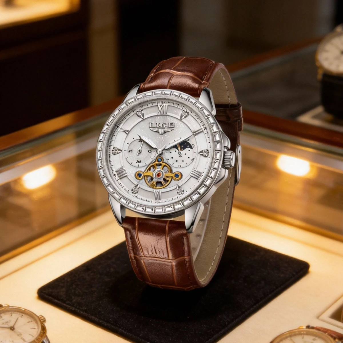 lige-ファッションメンズ腕時計自動機械式時計ビジネスカジュアル中空フライホイール多機能ダイヤルメンズ腕時計リロイやつやつ