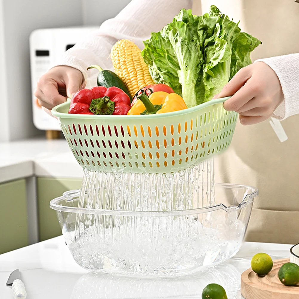 

1 set 6 Pieces Double Layer Vegetable Drainer Basket Fruit Strainer Kitchen Drain Basket Vegetable Washing Set Reusable Plastic