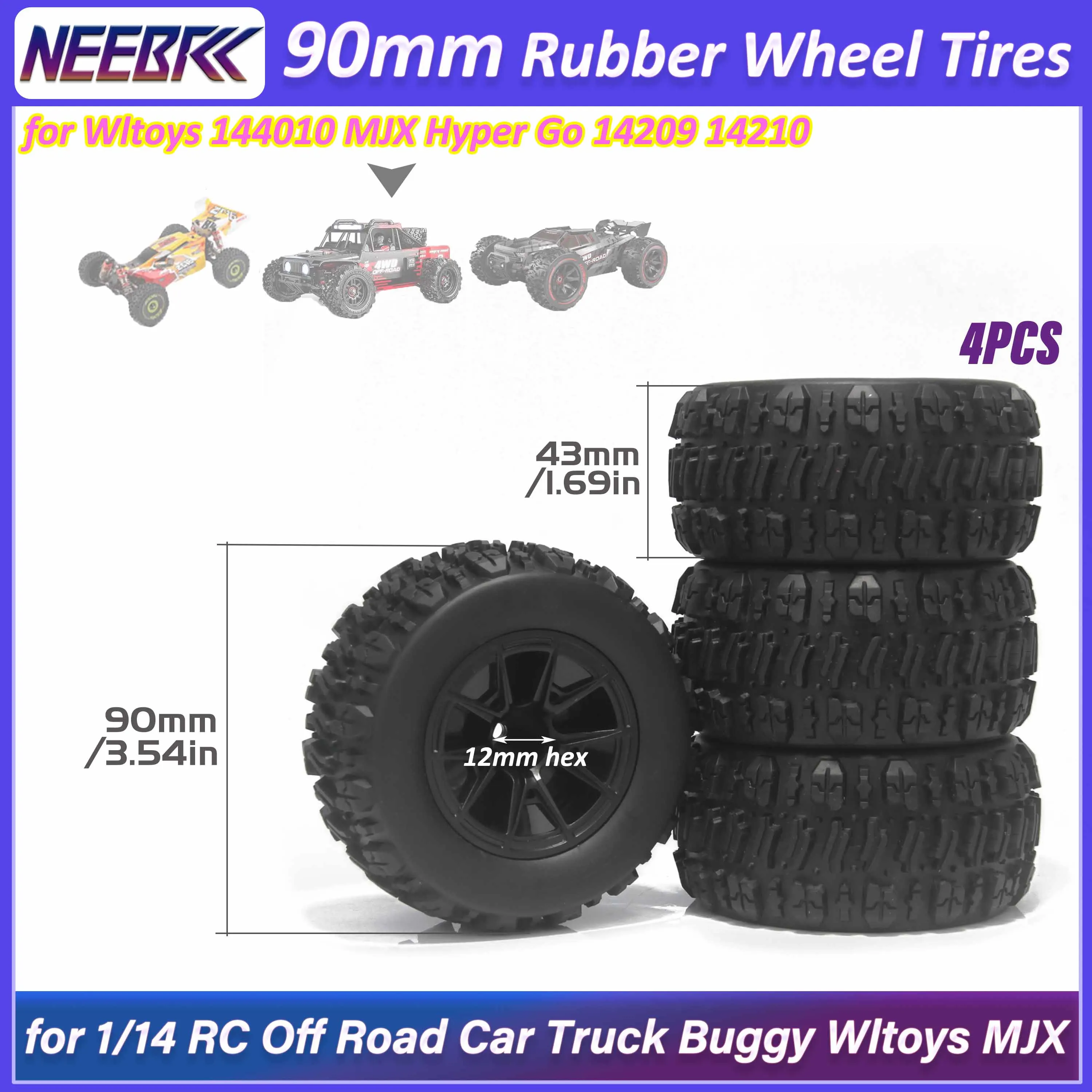 4 Piezas de Neumáticos de Goma Antideslizantes de 90 mm con Hexágono de 12 mm para Wltoys 144010 MJX Hyper Go 14209 14210 RC Monster Truck, Coche Todoterreno, Buggy