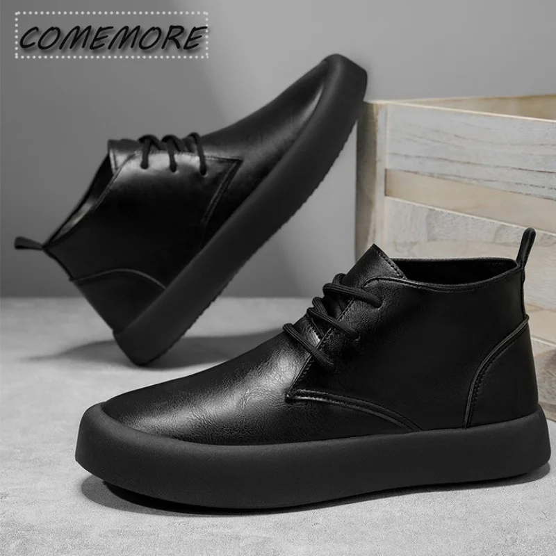 Comemore Retro Trend Men's Short Boots Single Shoes Thick-sole Male Comfort Versatile Youth Leather Footwears Roma Daily Botas