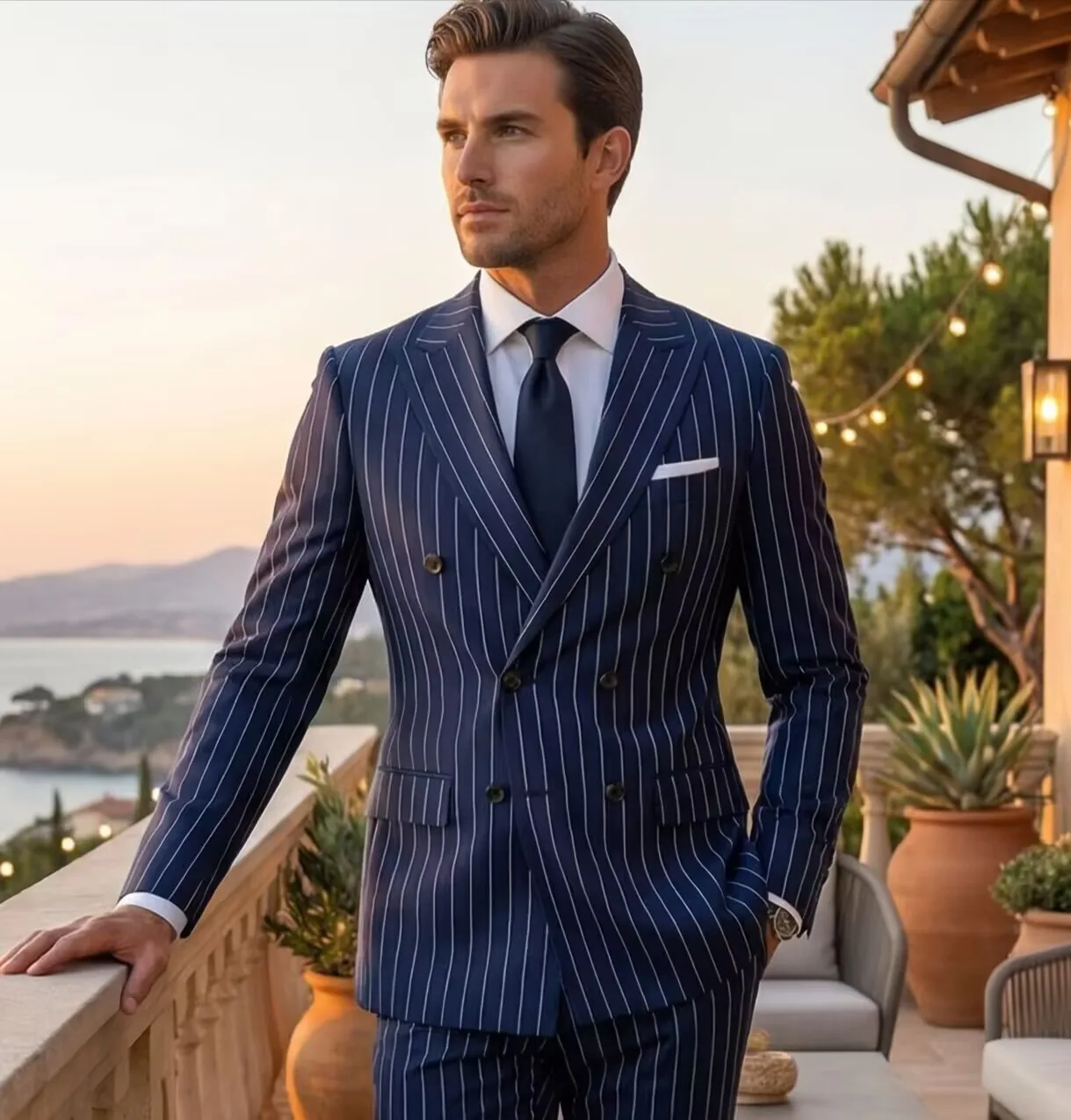 

Новинка: Мужской полосатый костюм-двойка темно-синего цвета для торжественных мероприятий и повседневной носки, свадебный смокинг, деловой пиджак с острыми лацканами и двубортной застежкой