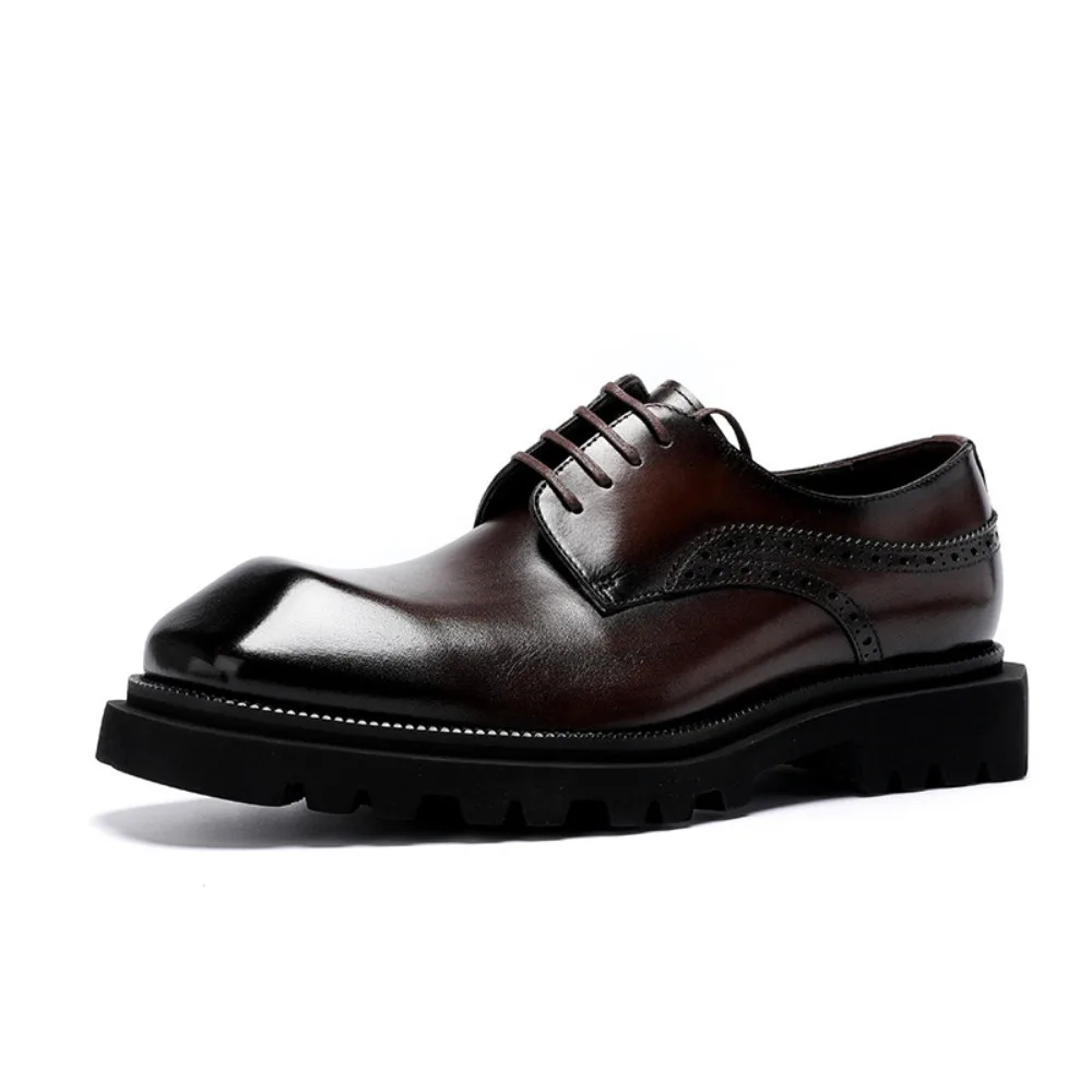 Genuine Leather Thick Sole Lace Up Derby Shoes for Men Handcrafted Diamond Toe Formal Business Dress Groom Wedding Shoes