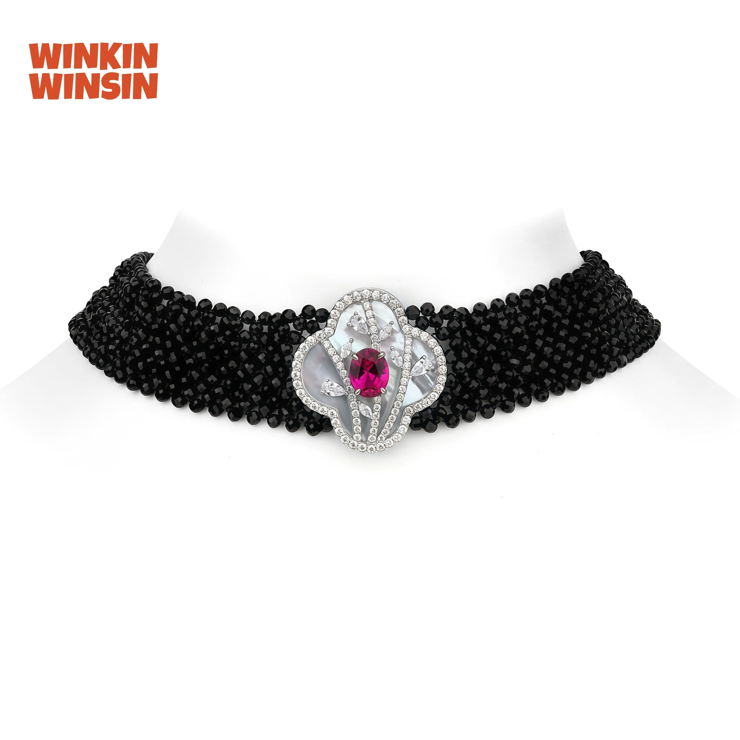 

WINKIN WINSIN Brand MST High Quality Collar Choker Necklace 925 Sterling Silver Black Pointed Crystal Multi Layer Necklace