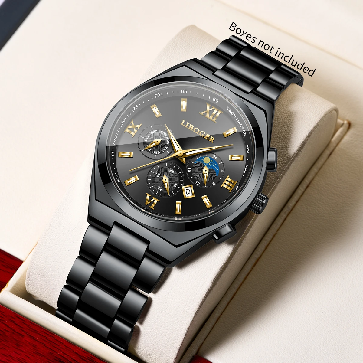 Luxury Roma Dial Men Quartz Watch Black Stainless Steel Strap Date Display Business Wristwatch Relogio Masculino（Without Box）