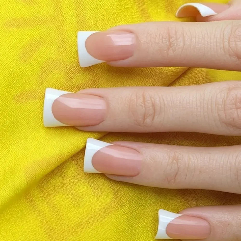 Finished Detachable Press On Nails White/Pink French Style Duckbill Fake Nails Tips Medium Length French Acrylic False Nails