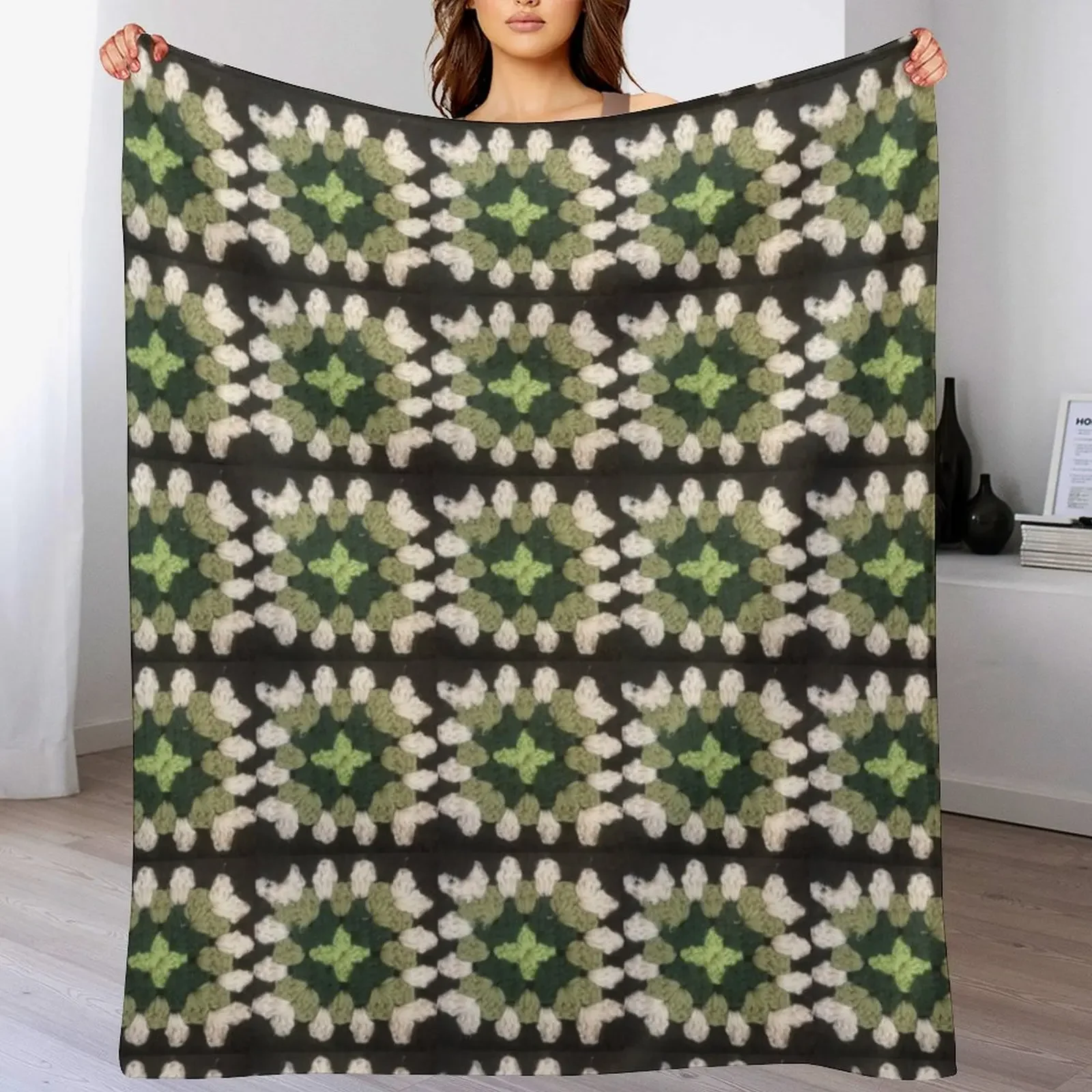 Green granny square Throw Blanket Spring Fall Cozy Throw Blanket for Couch