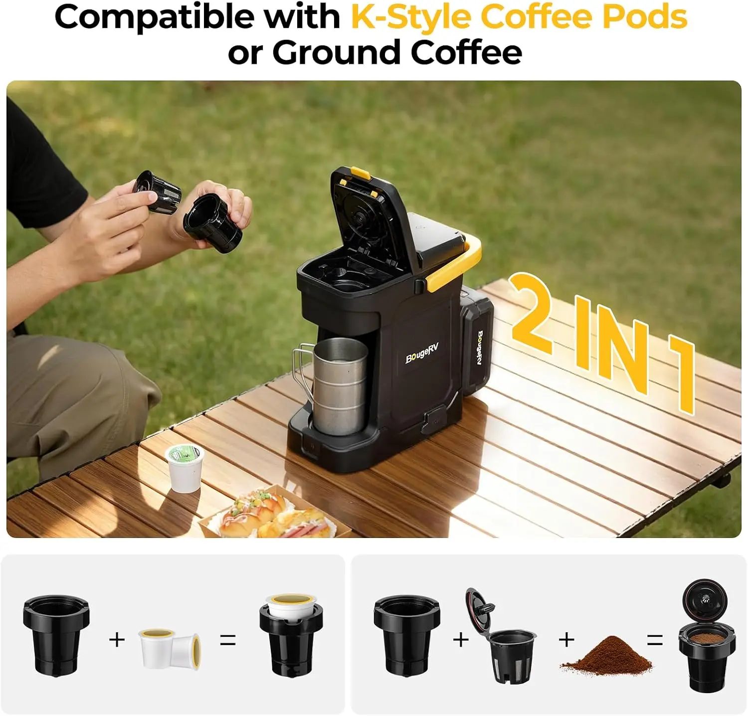 144Wh Portable Coffee Maker Compatible with K Cup & Ground Coffee | Portable Coffee Machine Cordless with 18V 8Ah Battery Powere