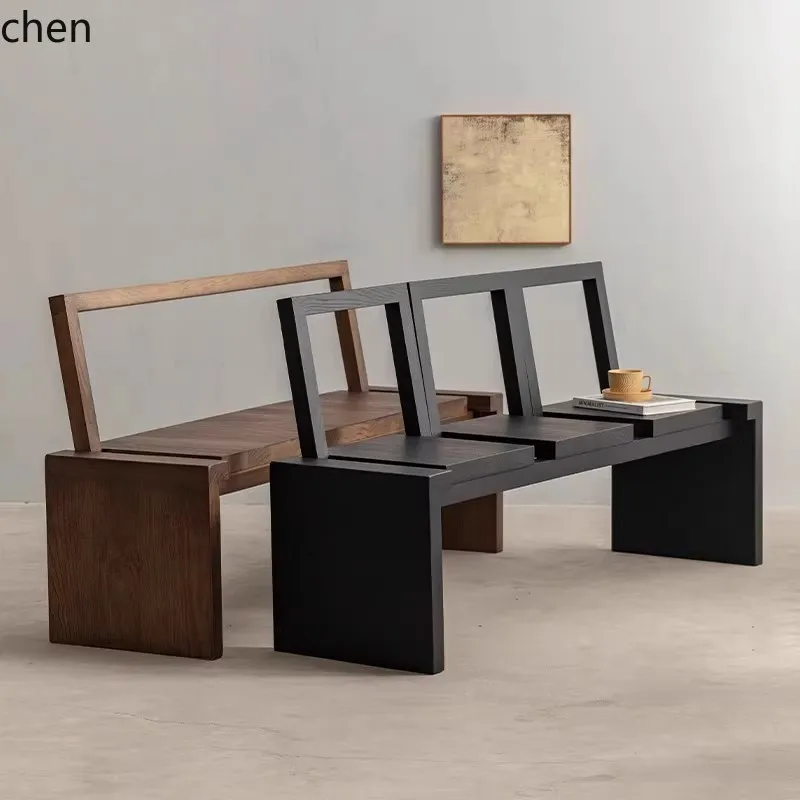 HT Wabi-Sabi Style Solid Wood Long Bench Living Room Backrest Long Bench Retro Bedside Long Chair Shoe Changing Bench