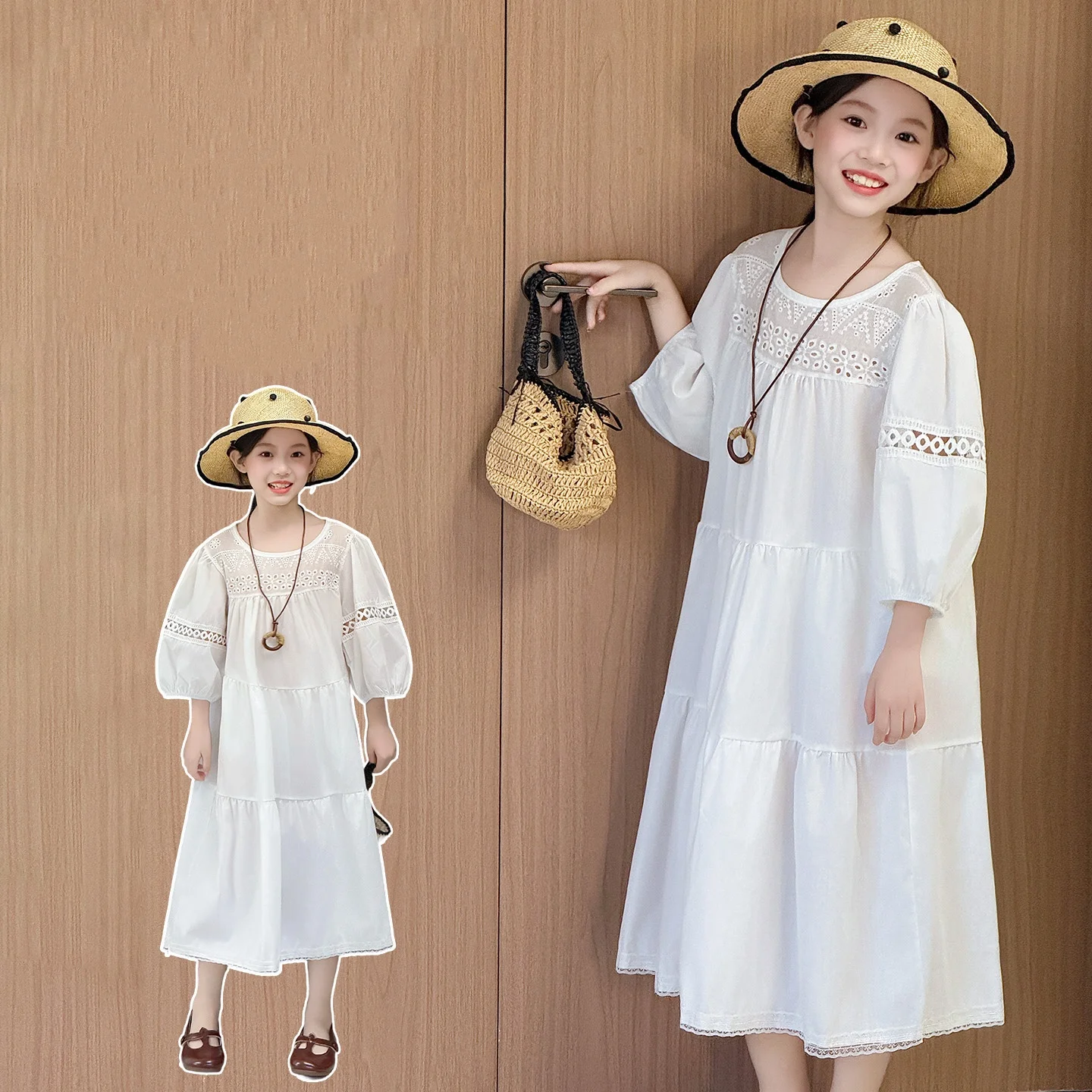 

New Girls Summer Dresses Size 4-14Y Sweetheart Ankle-Length Dress Baby White Lantern Sleeves Dresses Tween Girls A-Line Sundress