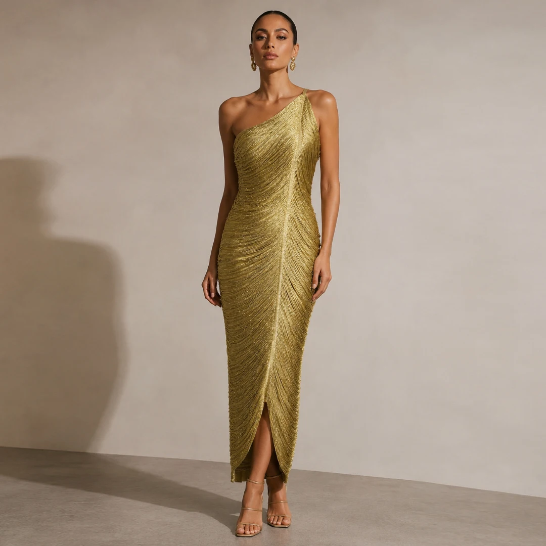 

Champagne Color Long Single Shoulder Fashion Tassel Dress Slimming Waist Holiday Photo Shoot Dress Knitted Fabric Zipper Style