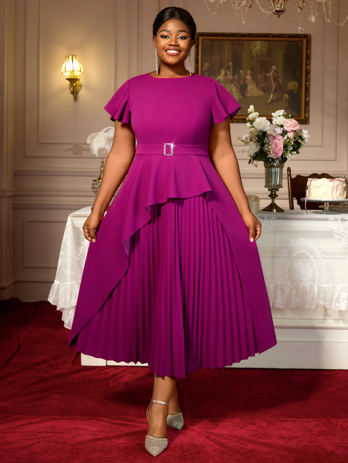 

Elegant Large-Sized Women's Dress 2025 Round-Neck Short-Sleeved Irregular Design with Ruffled Edges Long Pleated Skirt