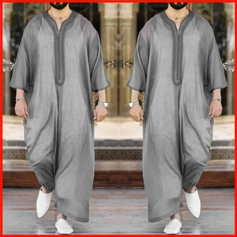 Abito musulmano Ramadan grigio Abayas Dubai Casual Kaftan Robe semplice Costume islamico casual con regali maniche lunghe per