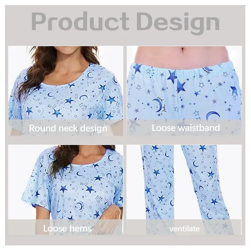 Ladies Casual Home Printed Pajama Set Short Sleeve Top Long Pants Casual Fun Printed Pajama Set