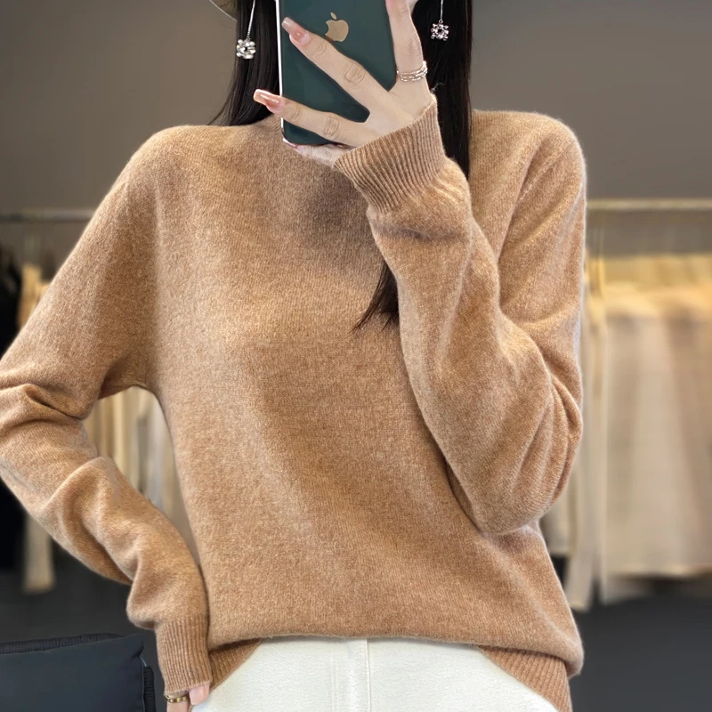 Jesienny wełniany sweter z kaszmiru Damski zimowy nowy sweter z wysokim dekoltem w jednolitym kolorze z długim rękawem Basic Knitted Casual Warm Pullover Jumper