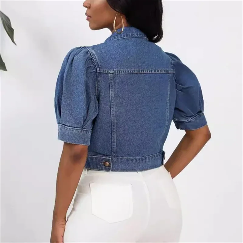 Fashion Pleated Bubble Short Sleeve Denim Jacket Women Lapel Single-breasted Cardigan Short Outerwear Daily Casual Commuter Coat