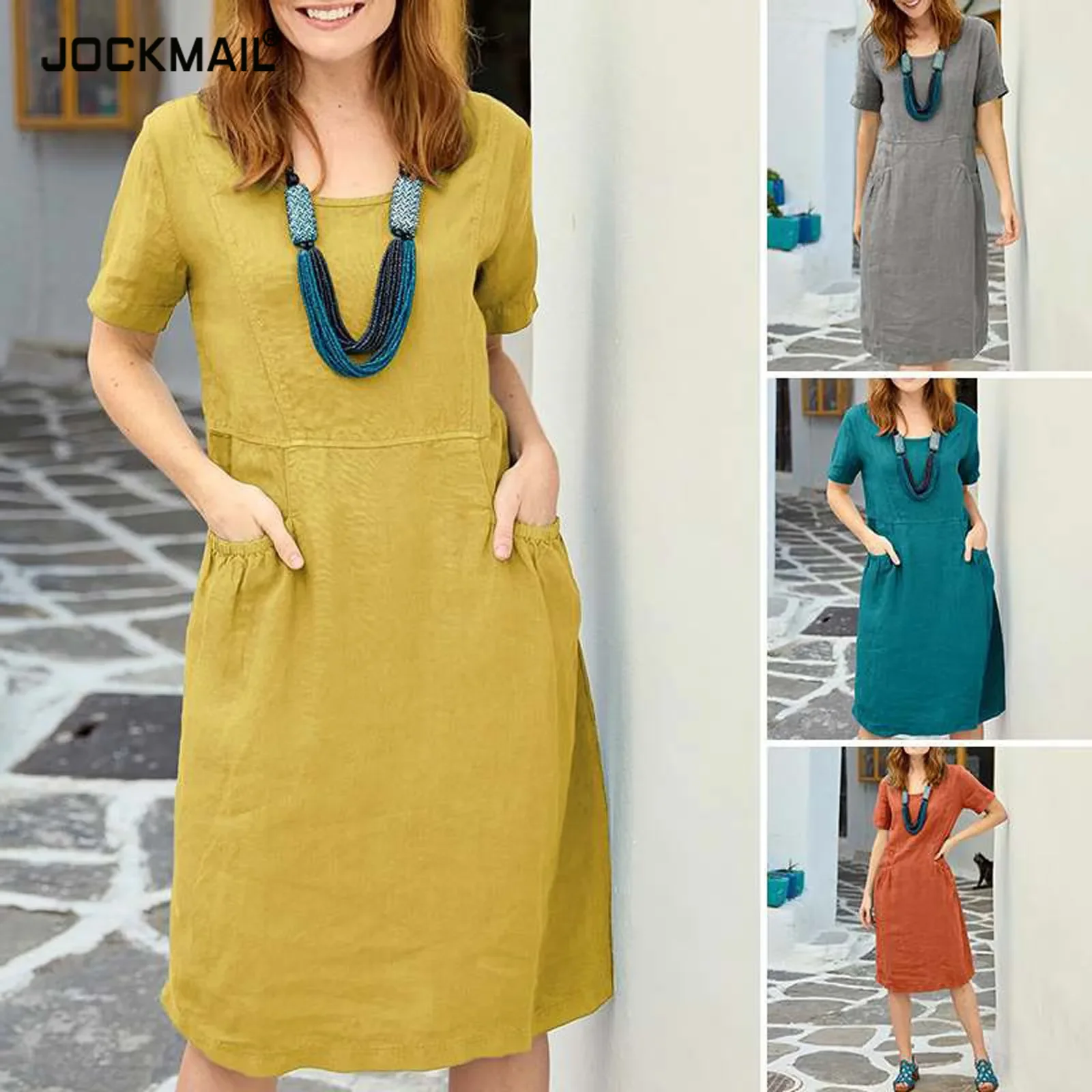 Women's Elegant Dress Solid Color Dress Summer Short Sleeve O-neck Vintage Harajuku Comfortable Loose Pocket Long Dress