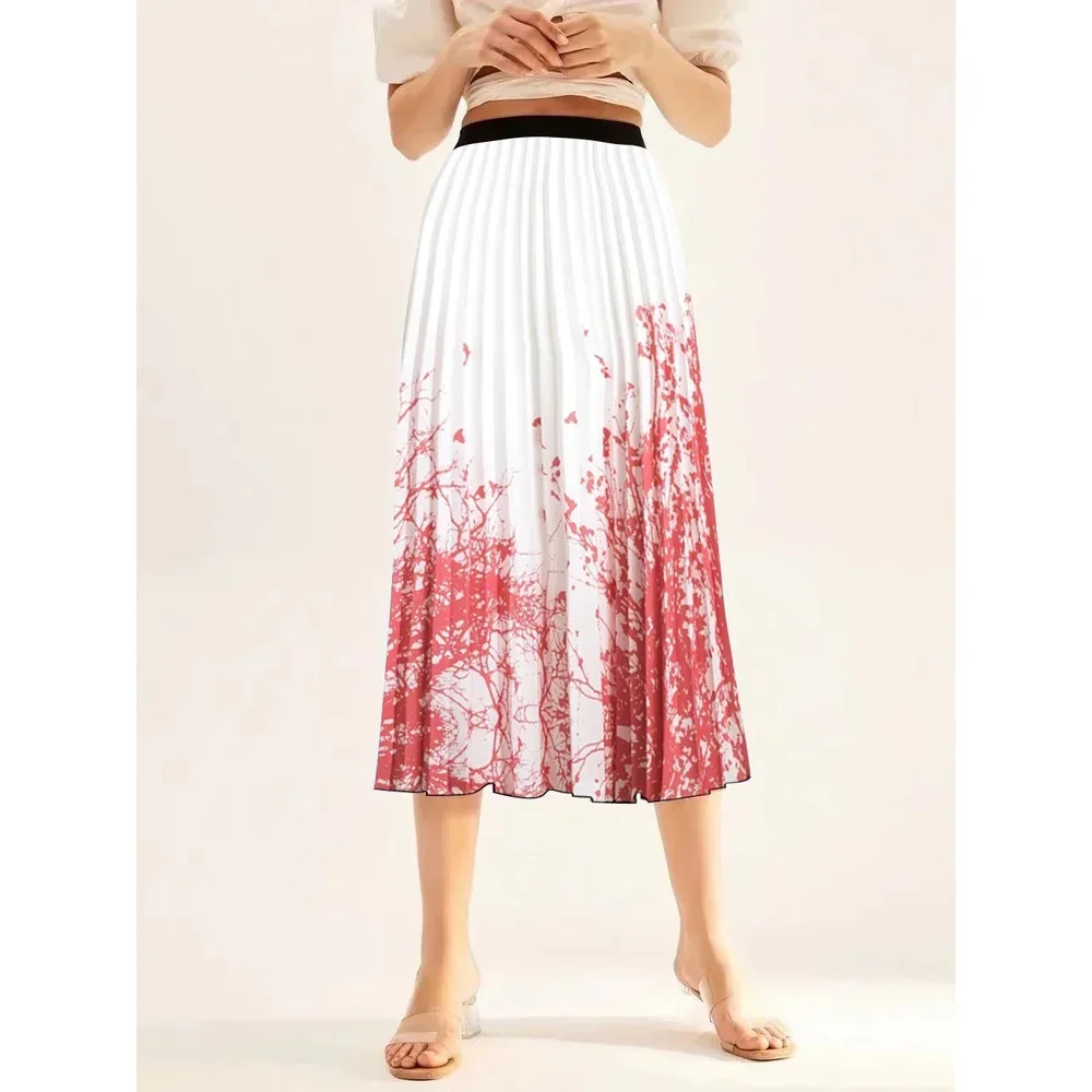 2024 Summer New Chinese Style Printed Pleated Skirt with High Waist for Slimming Fashion Versatile A-line Skirt