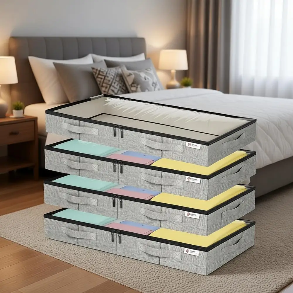 

Under Bed Storage Boxes with Strong Sides, Clear Windows, 4 Pack for Clothes, Shoes, Pillows, and Blankets