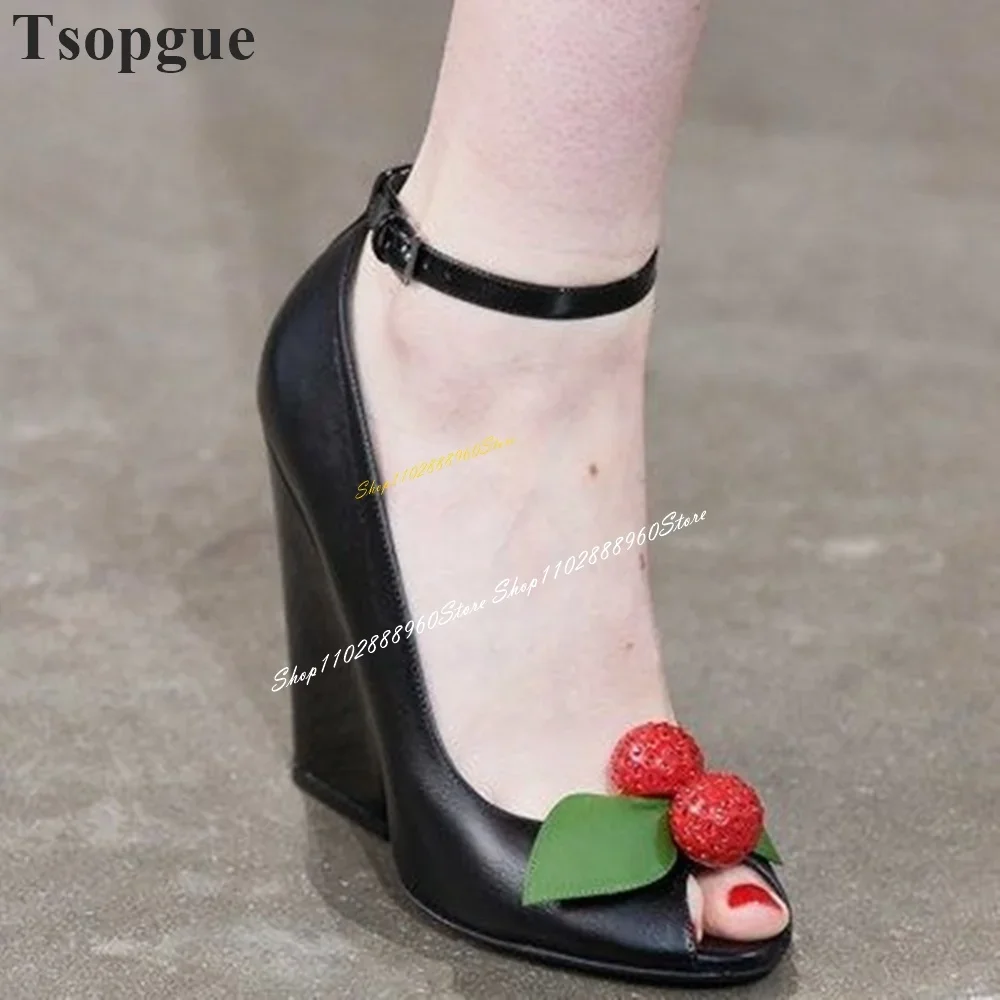 

Black Shallow Little Ball Decoration Catwalk Pumps Thick Heel Women Shoes Ankle Buckle Strap Peep Toe 2024 Zapatos Para Mujere