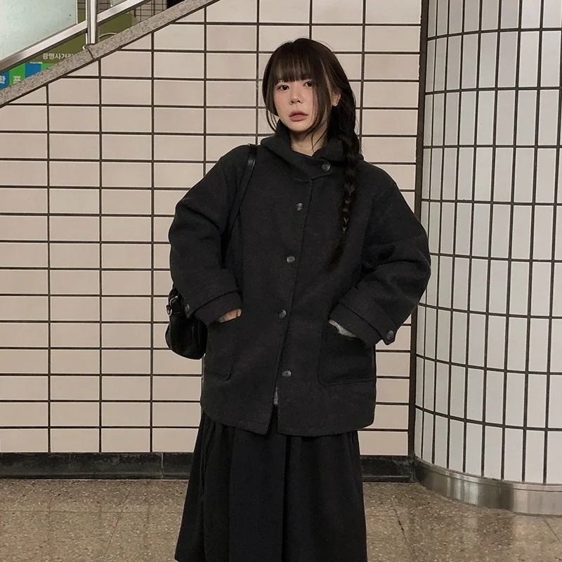 Retro Chic Hooded Single Button Pocket Woolen Coat Cotton Lined Women's Jacket Commute Style Thickened Polyester Fiber