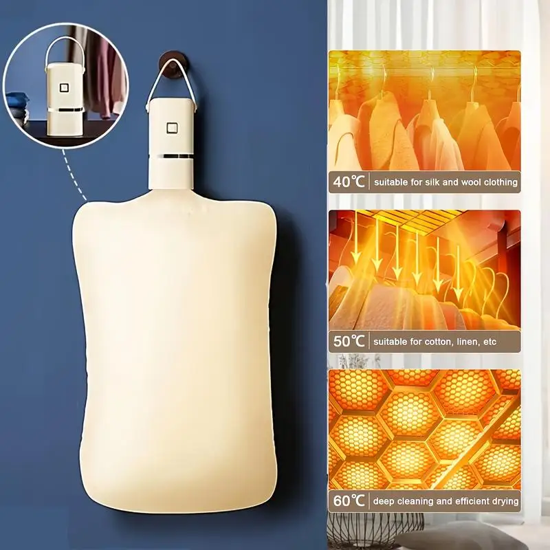 Portable mini dryer with timer function. Fast, easy-to-use compact dryer with drying bag. Suitable for delicate clothes