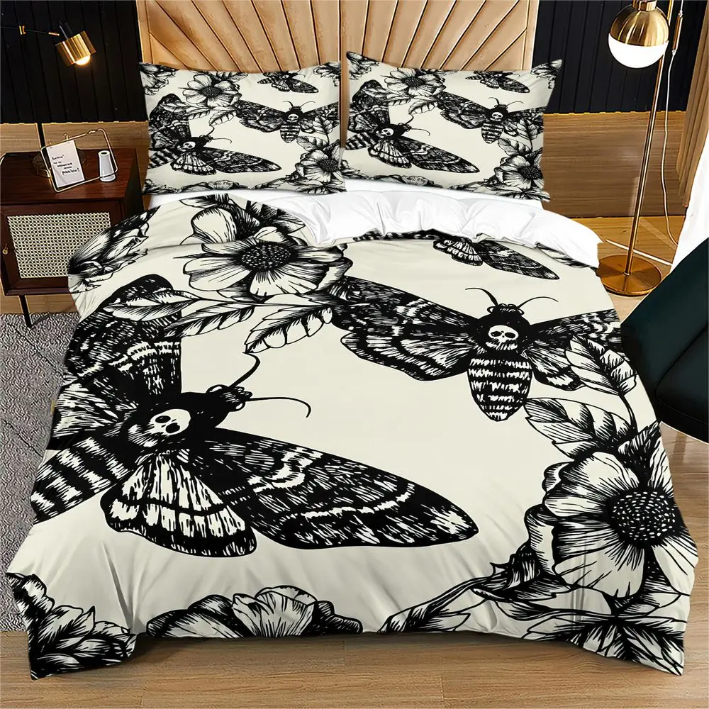 Gothic Moth Flower Duvet Cover Set Skull Butterfly Print Bedding Set Microfiber Aesthetic Home Decor Bedroom Comforter