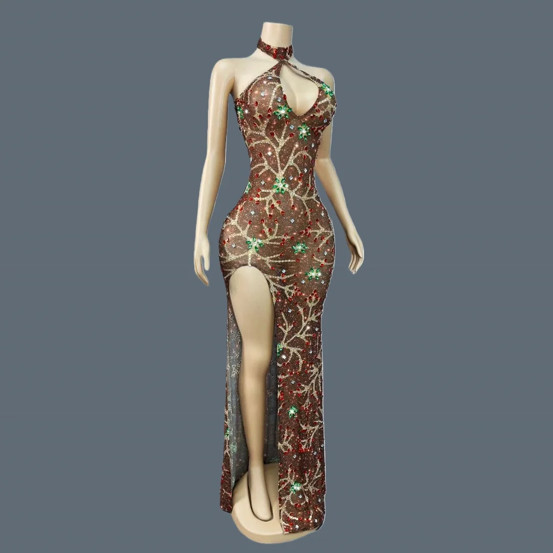 Vestido de noche con aberturas laterales altas y diamantes de imitación brillantes, vestido largo ajustado sexi para mujer, traje de malla transparente de corte bajo Huoshenhua