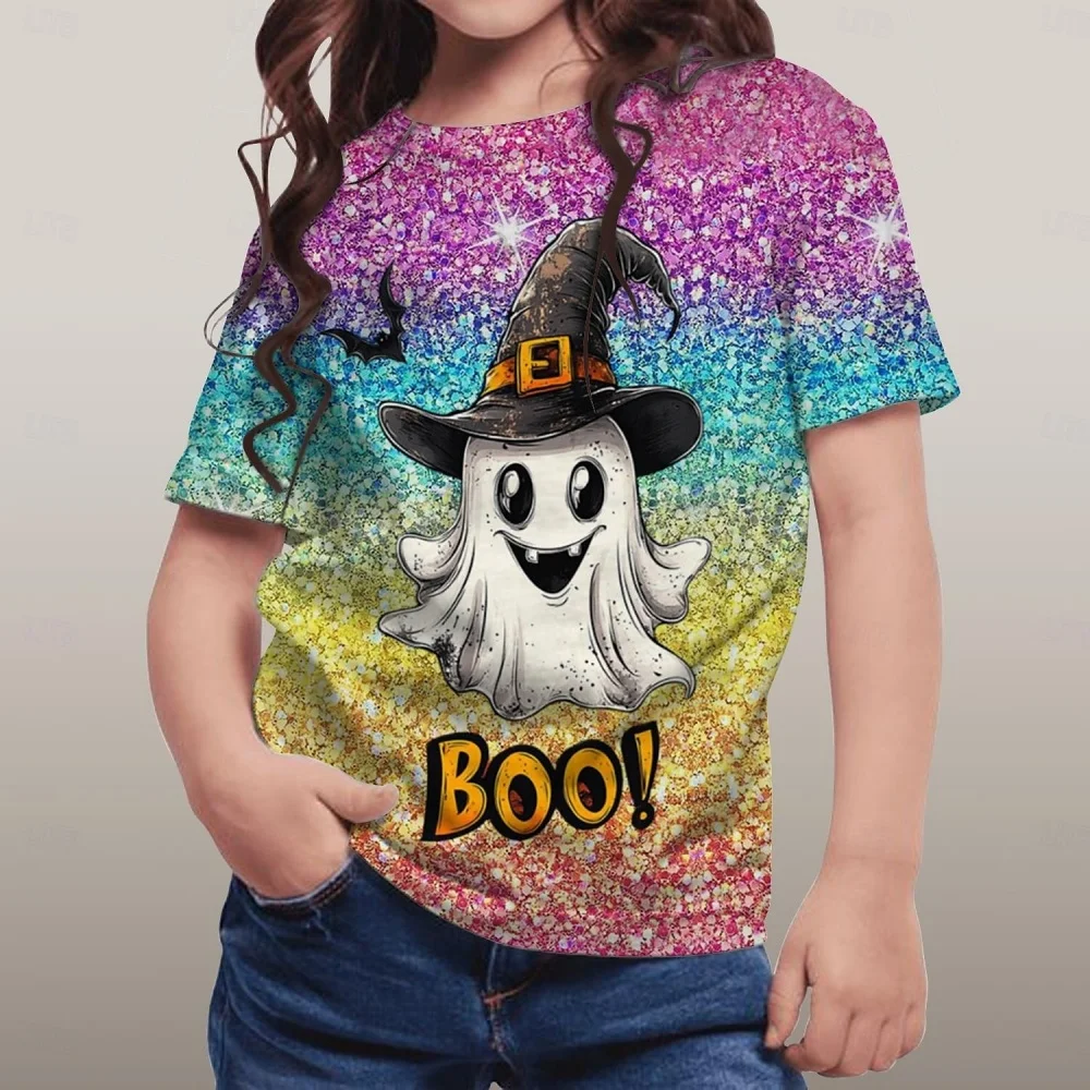 Halloween T-Shirt Cute Ghost 3D Graphic Girl Short Sleeve T-Shirt Fashion Sequins Girl Clothes Holiday Children Top Kids Clothes