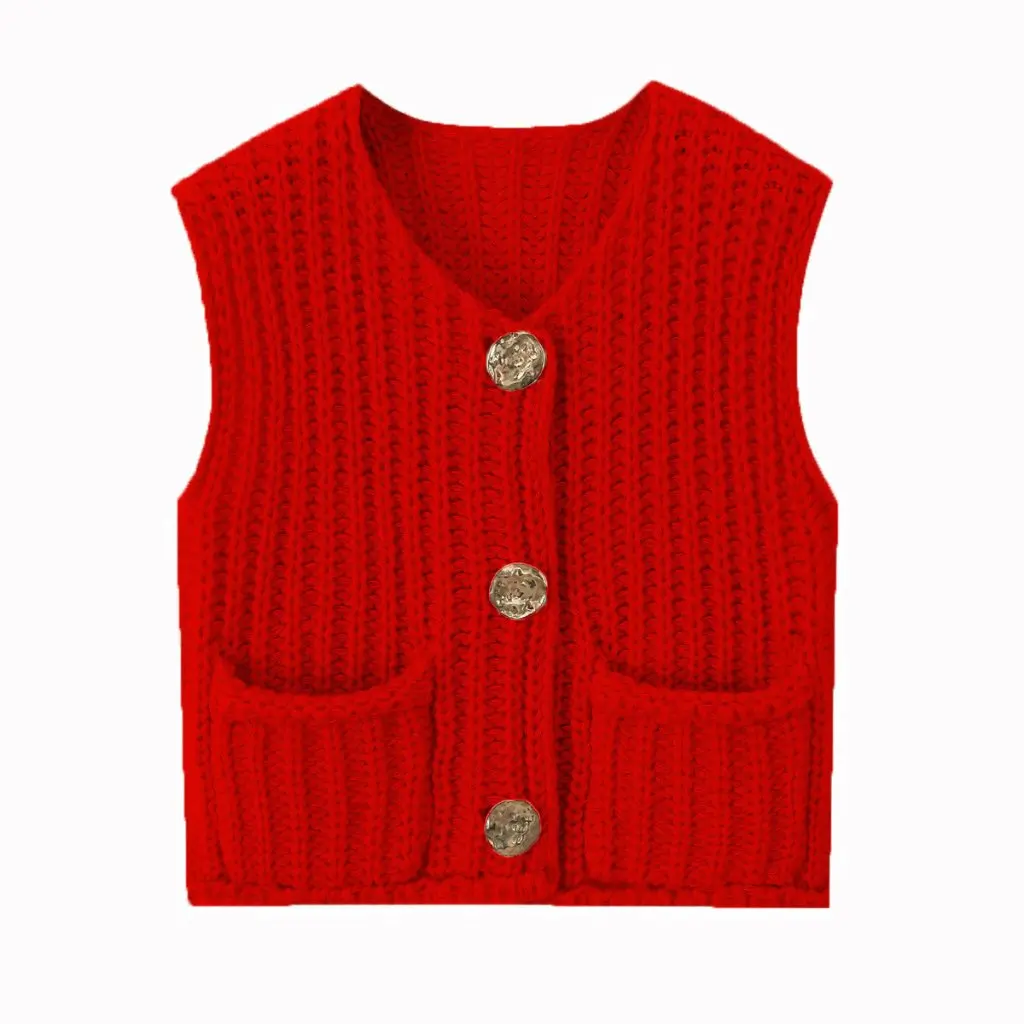 

Red Metal Buckle Short Sleeveless Knitted Cardigan Women's Top Fashion Spring Autumn Style No Pocket Design