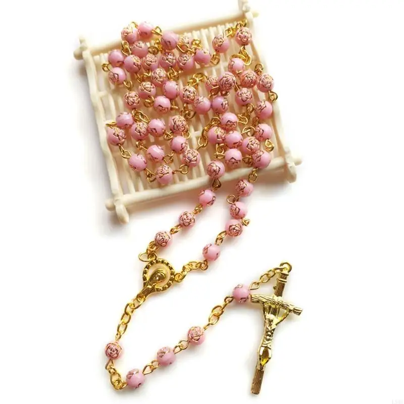 L9BE 6mm Rose Beads Rosary Necklace with Jesus Crucifix for Cross Pendant Necklaces Catholic Prayer Gifts for Men Women