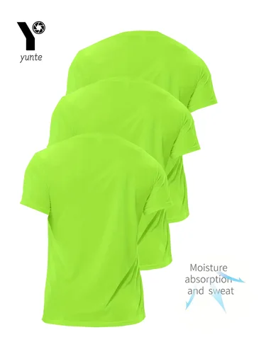 Imagen 2 del producto Camiseta de tripulación, 3 uds., verde fluorescente, ultraligera, transpirable, de secado rápido, para Fitness, gimnasio y correr, a cuadros ligeros Quic