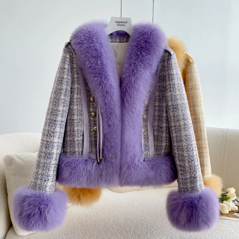 

2023 Autumn Winter Real Natural Fox Fur Coat Duck Down Jacket Women Thick Warm Casual Weave Tweed New Fashion Luxury Overcoat