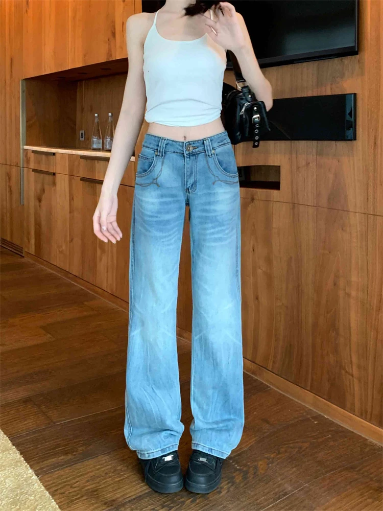 

Women's Flare Jeans Low Rise Denim Pants Japanese Harajuku Blue Bleach Y2k American Retro Punk Grunge Korean Fashion Bootcut New