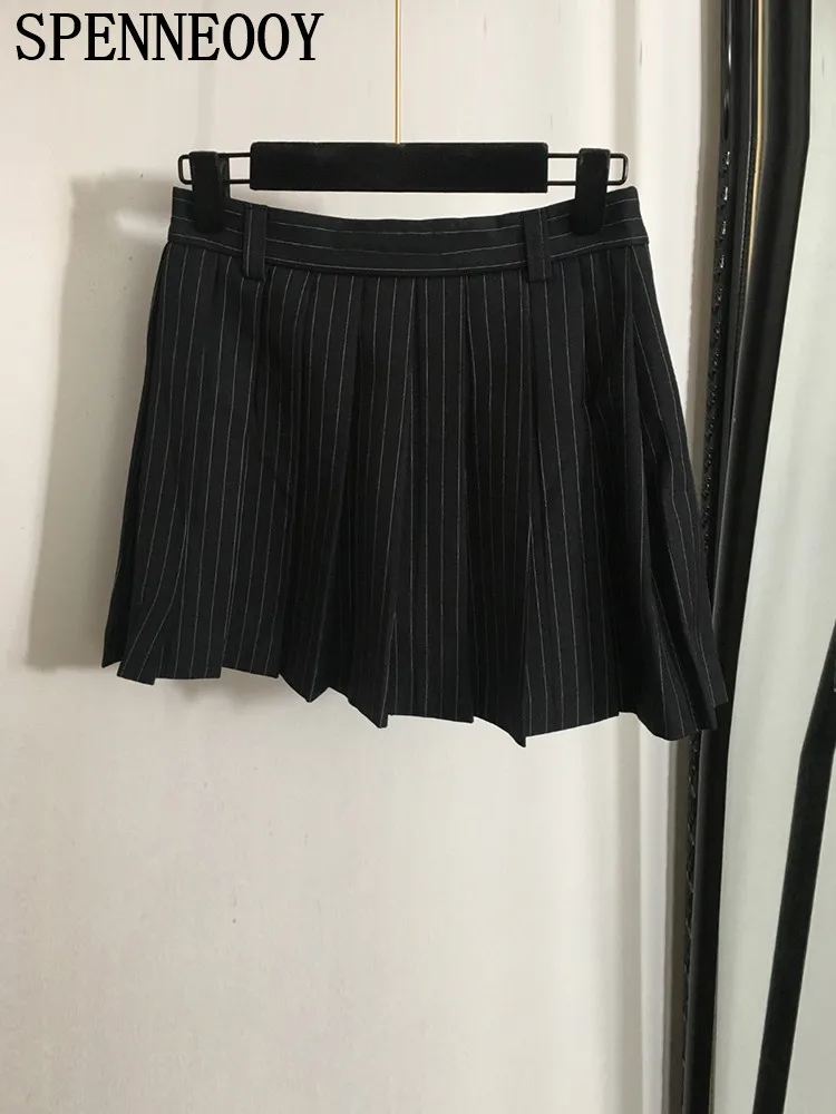 SPENNEOOY Fashion Runway Summer Party Sexy Mini Pleated Skirt Women's Sexy Low Waist Slim A-Line Striped Short Skirt