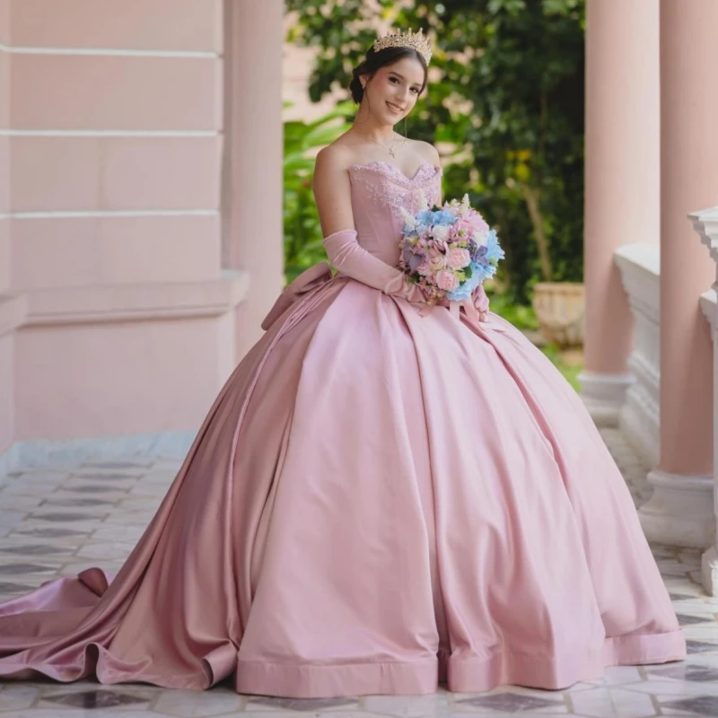 

Pink Shiny Quinceanera Dresses Off Shoulder Ball Gown Sweet 16 Dress Applique Beading Bow Birthday Party Vestidos 15 Anos