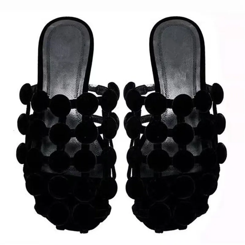 Hollow Outs Rhinestone Slippers Women Round Head Beach  Fashion Crystal Black Leather Flat Summer Retro Slides Shoes Woman