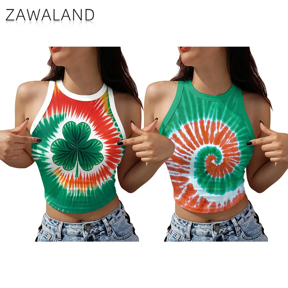 Lucky Clover Print Vest for Women St. Patrick's Day Tie Dye Crop Top Green Streetwear Holiday Female Sleeveless Tank Tops