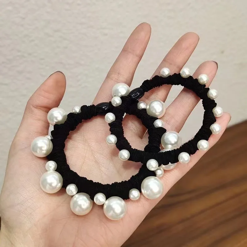 Elegant Imitation Pearl Hair Rope For Women Bead Black Hair Tie Bracelet Elastic Rubber Band Ponytail Hair Accessories Wholesale